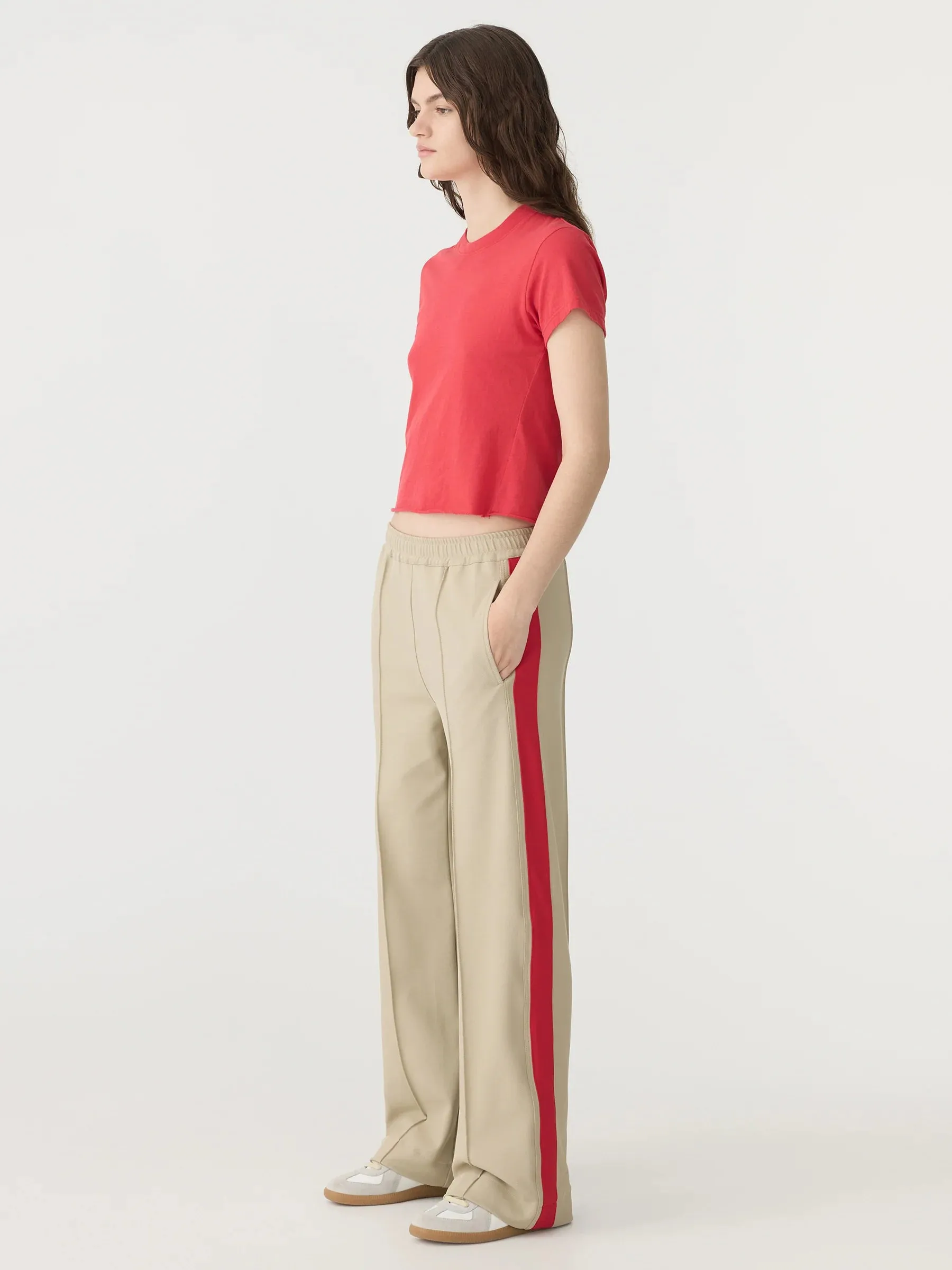 Bassike Twill Stripe Detail Pant in Light Tan and Red