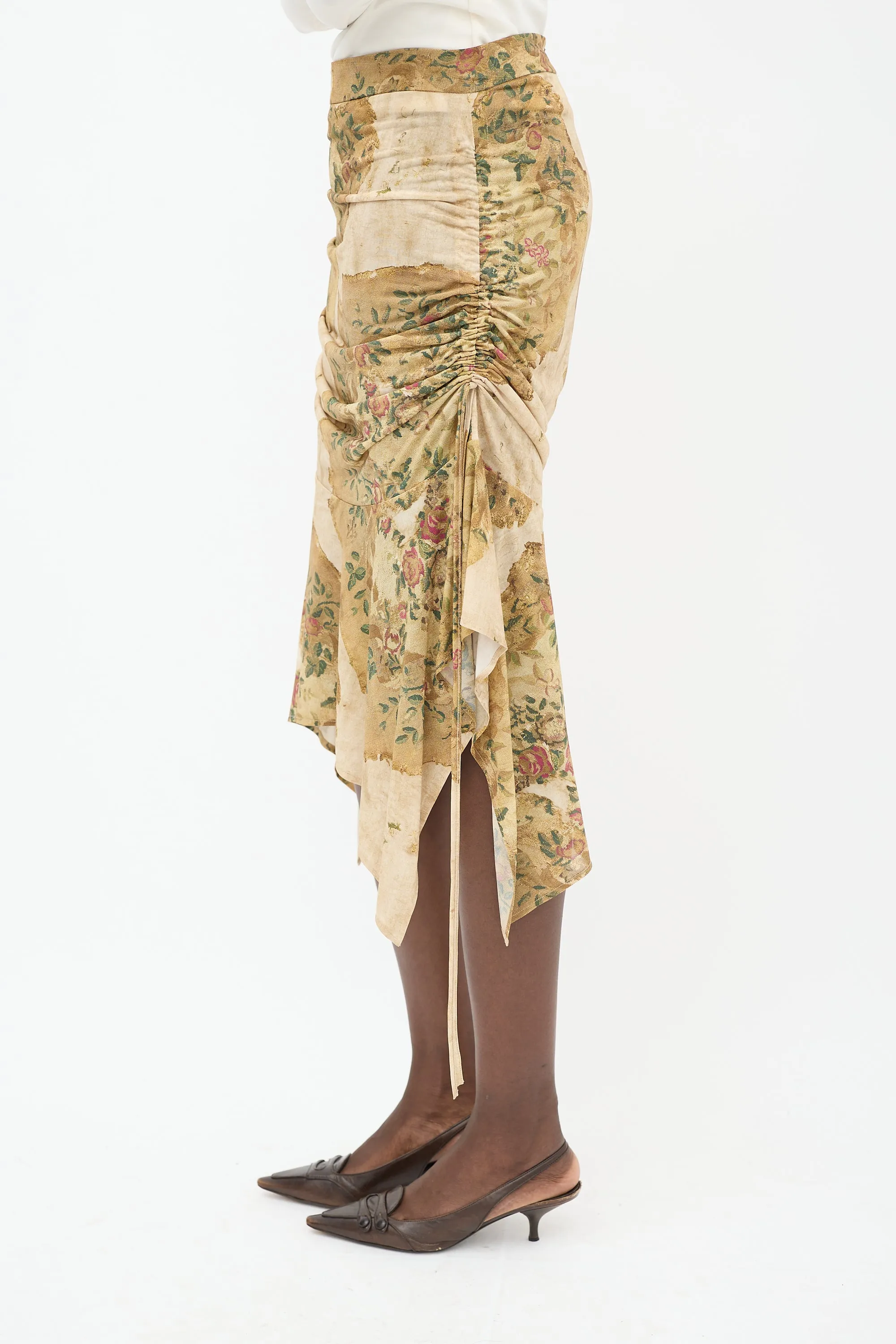 Beige & Multicolour Floral Ruched Skirt