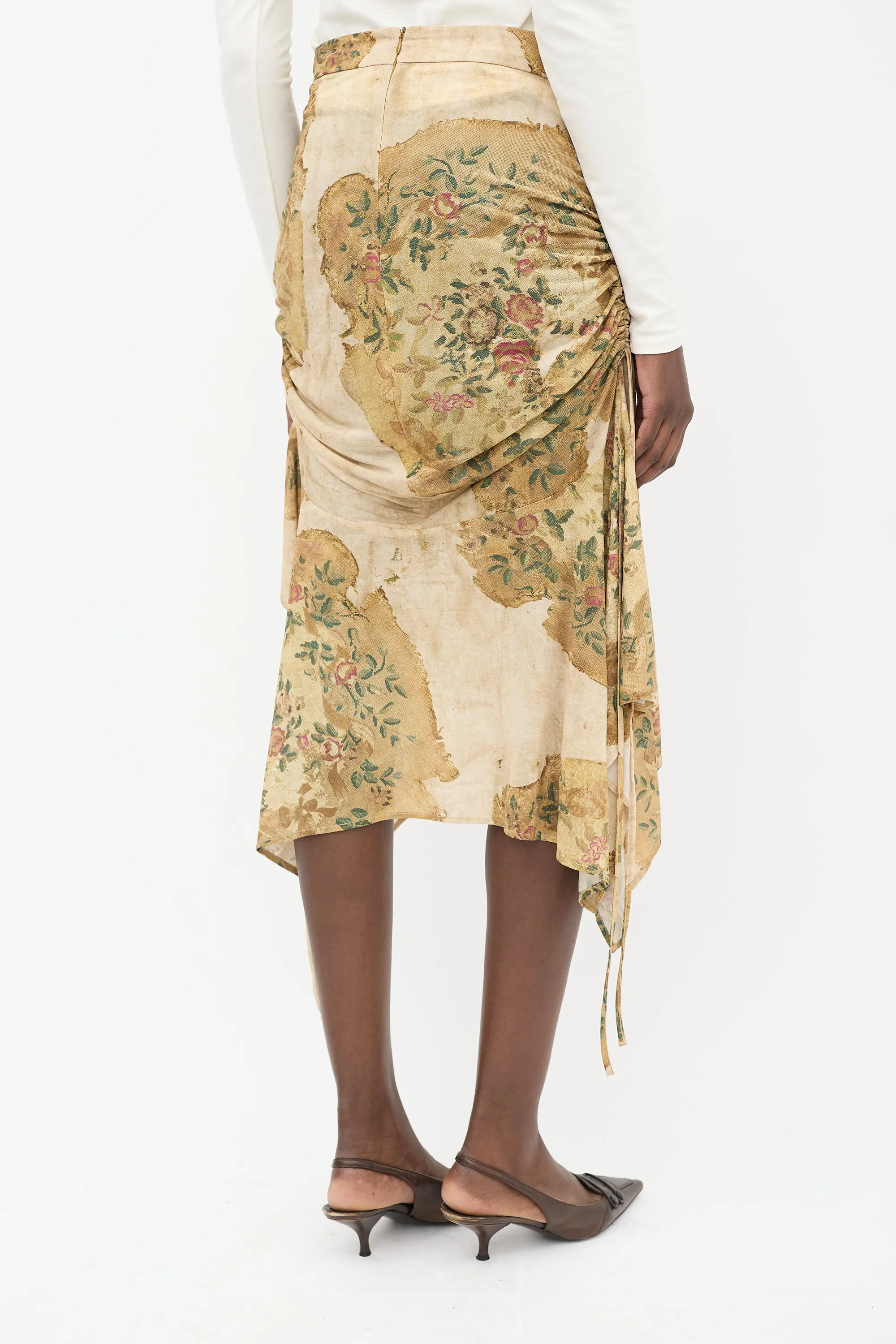 Beige & Multicolour Floral Ruched Skirt
