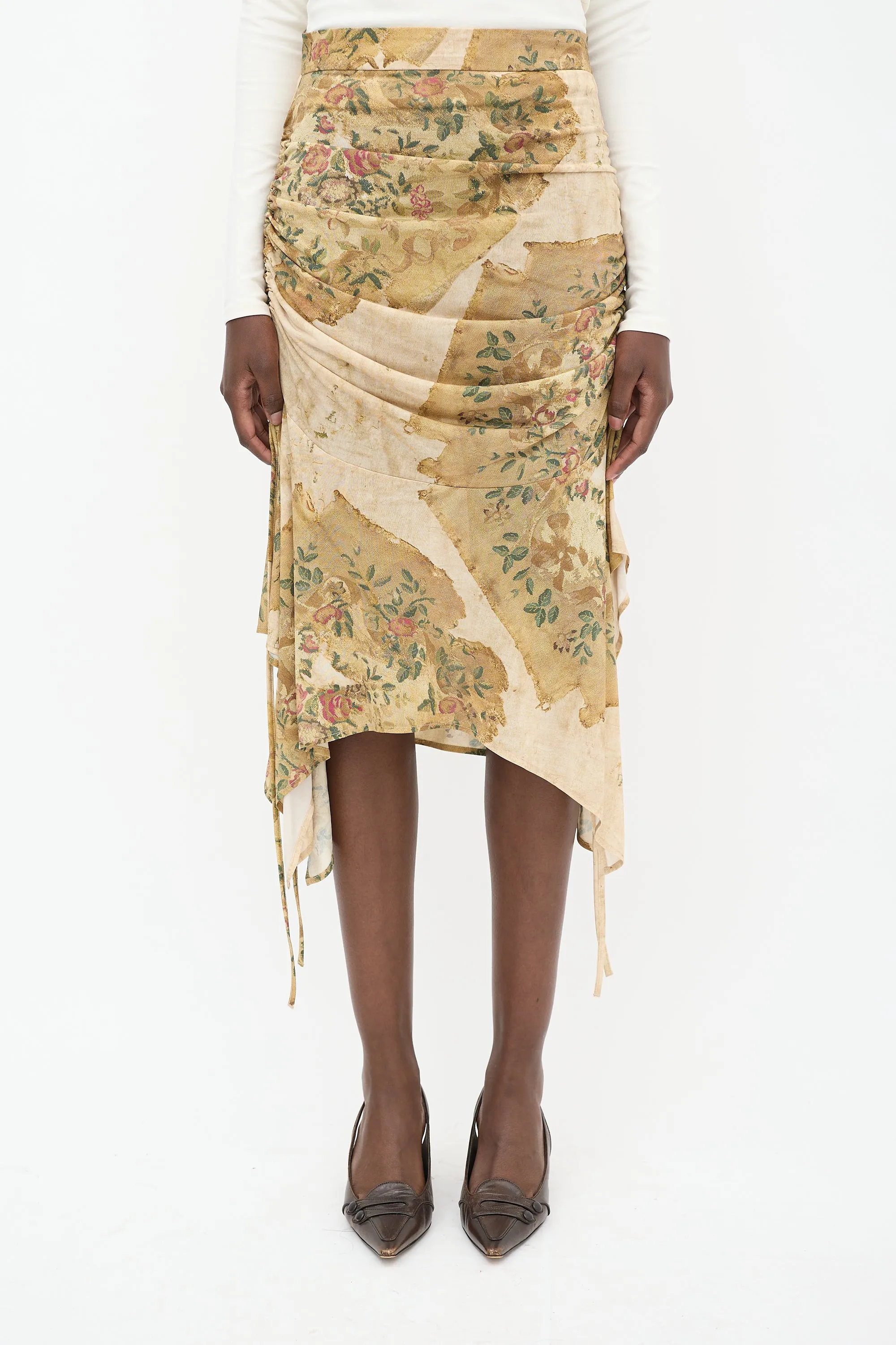 Beige & Multicolour Floral Ruched Skirt