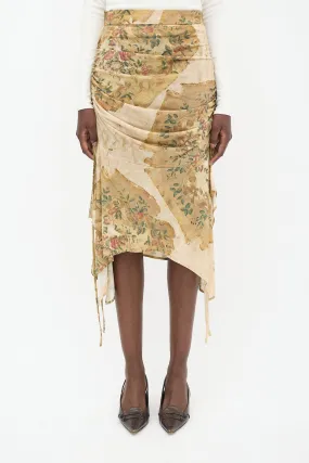 Beige & Multicolour Floral Ruched Skirt
