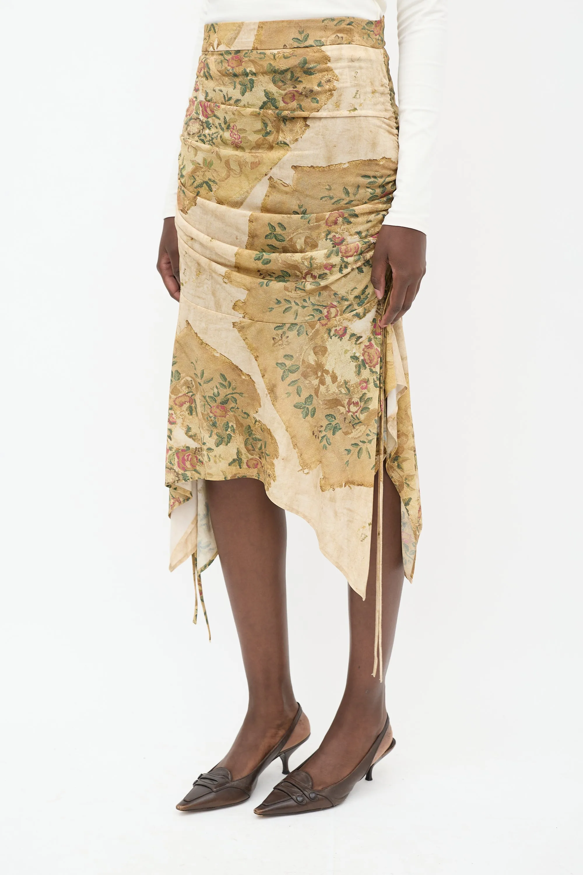 Beige & Multicolour Floral Ruched Skirt