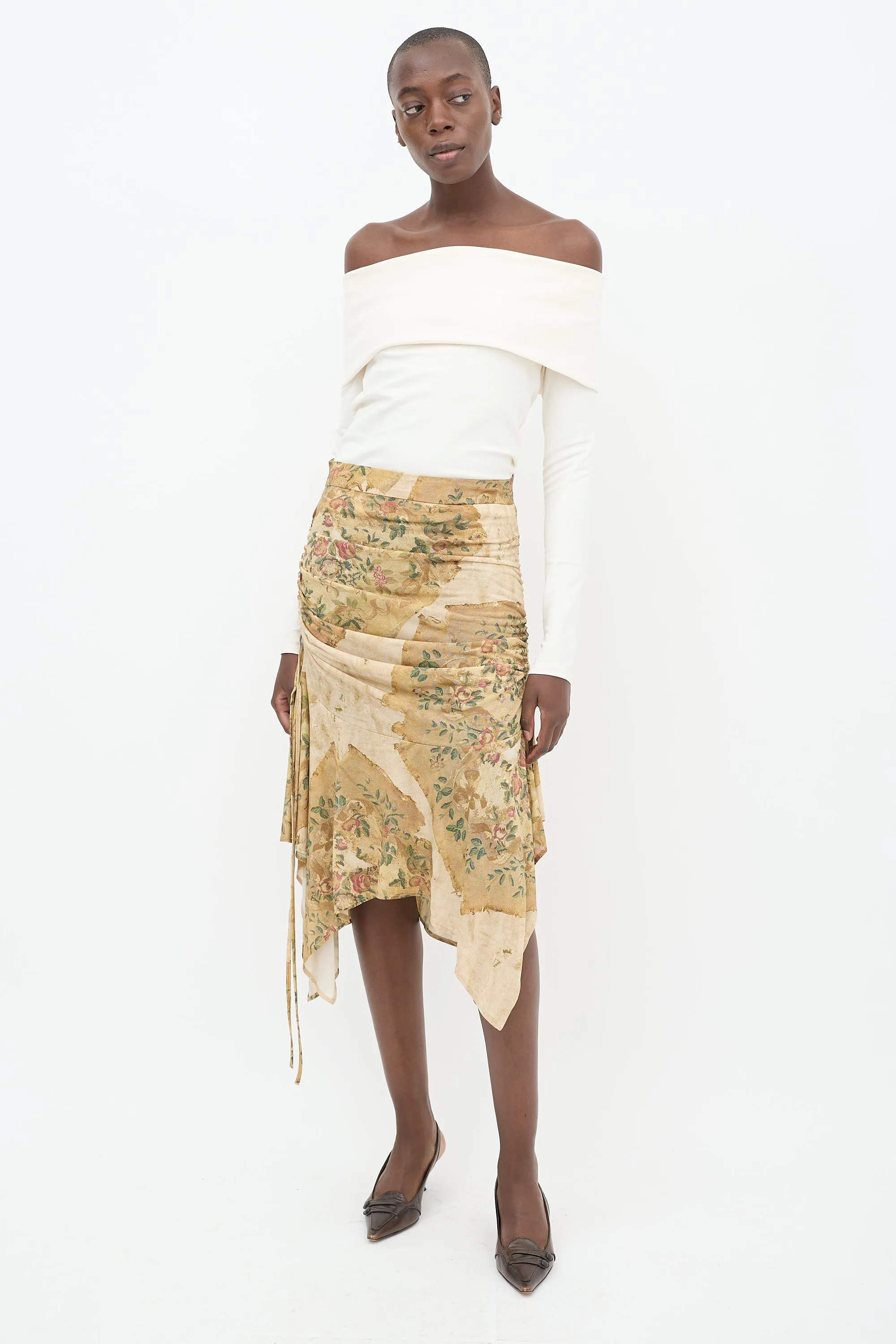 Beige & Multicolour Floral Ruched Skirt