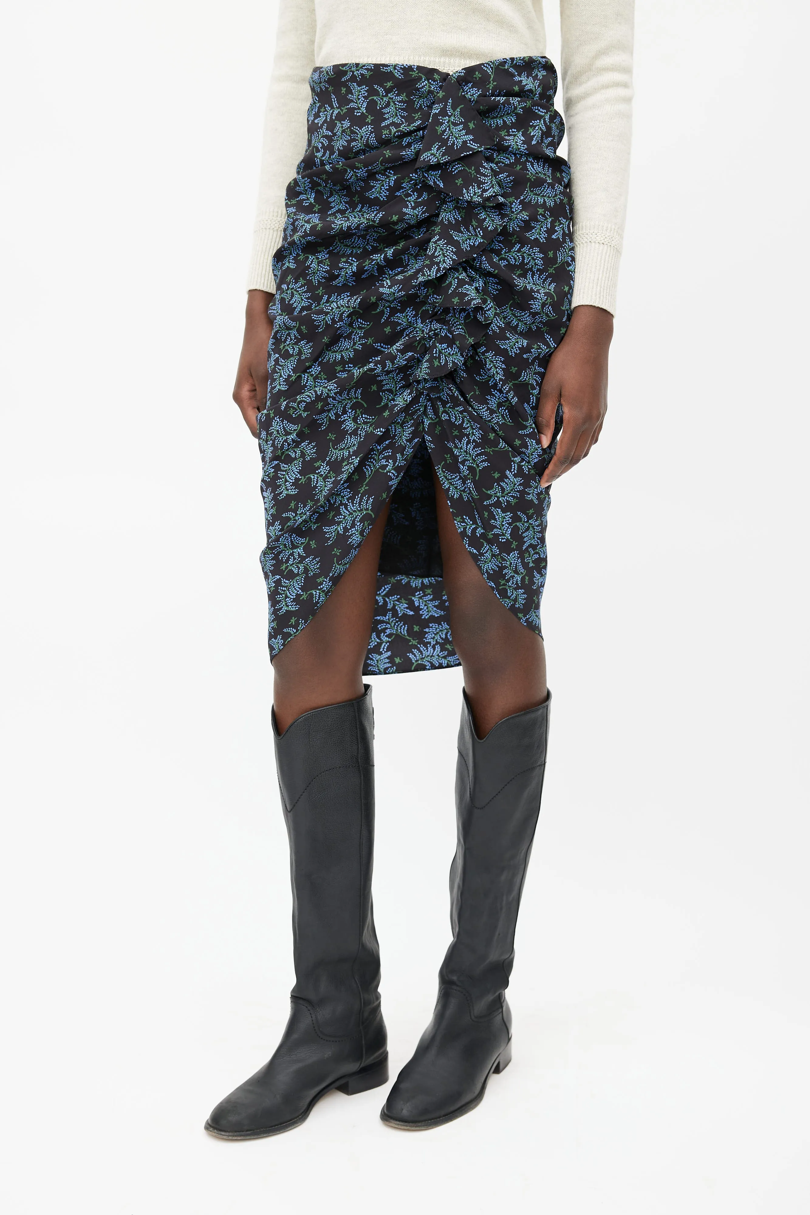 Black & Blue Floral Ruched Skirt
