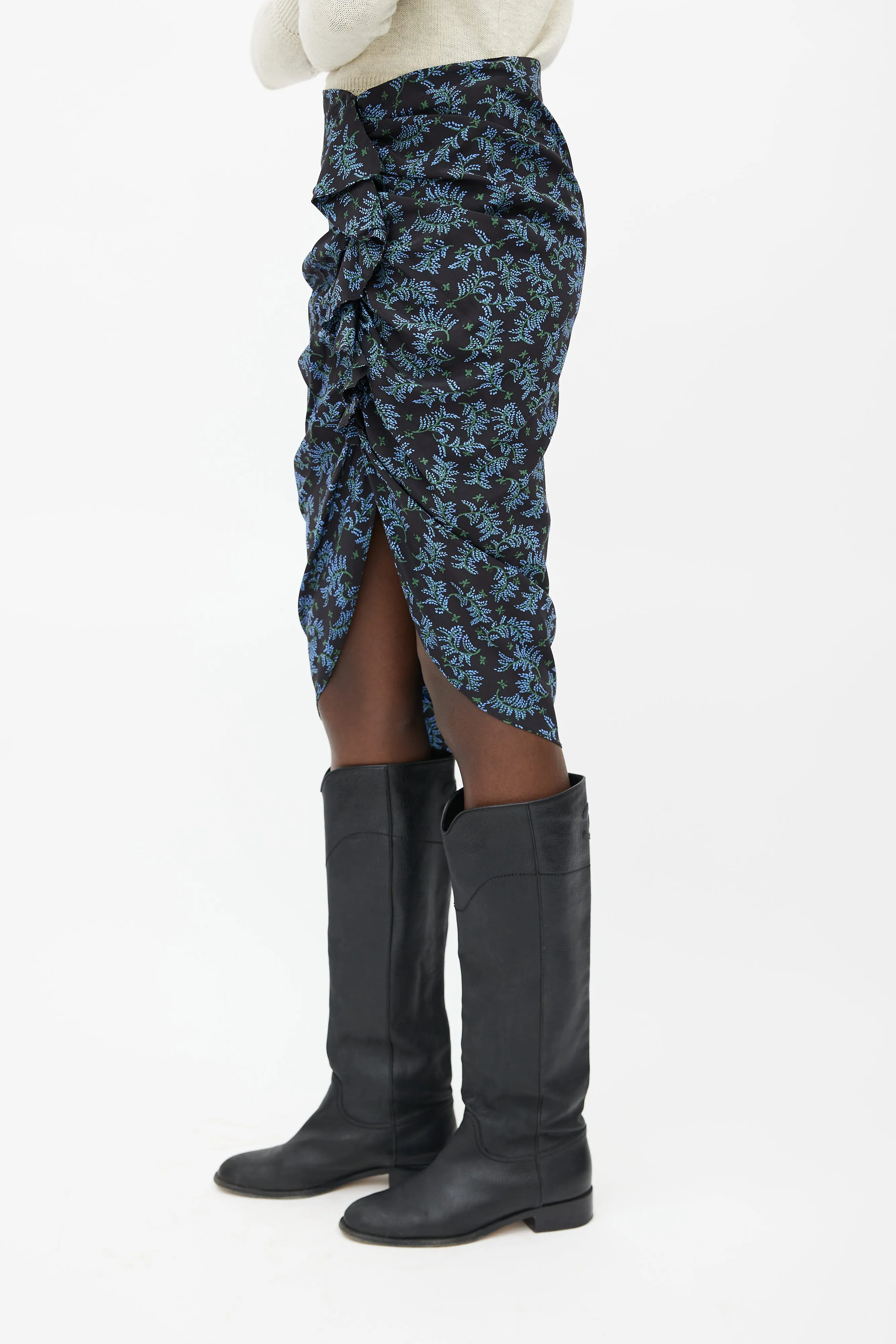 Black & Blue Floral Ruched Skirt