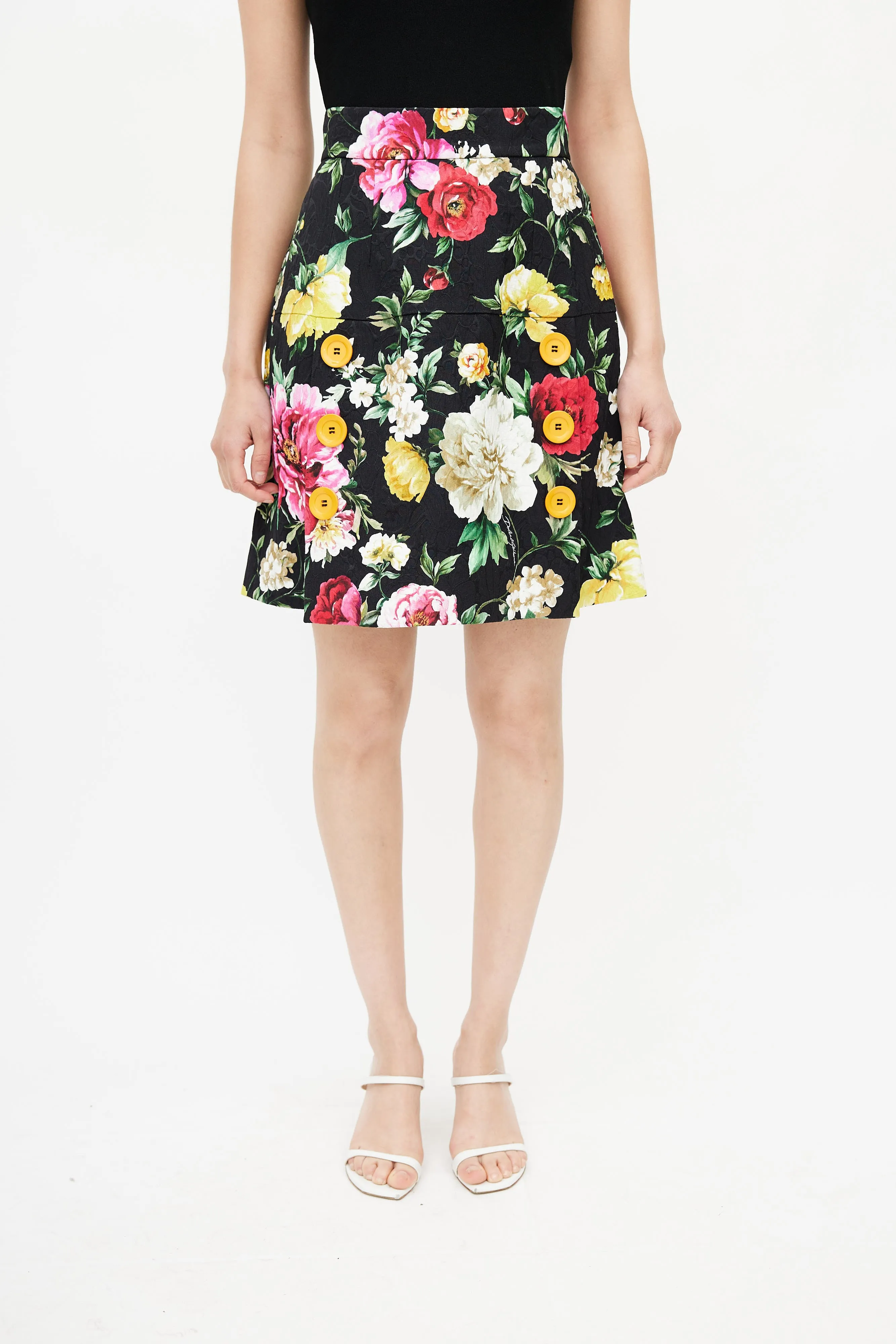 Black & Multi Floral Buttoned Skirt