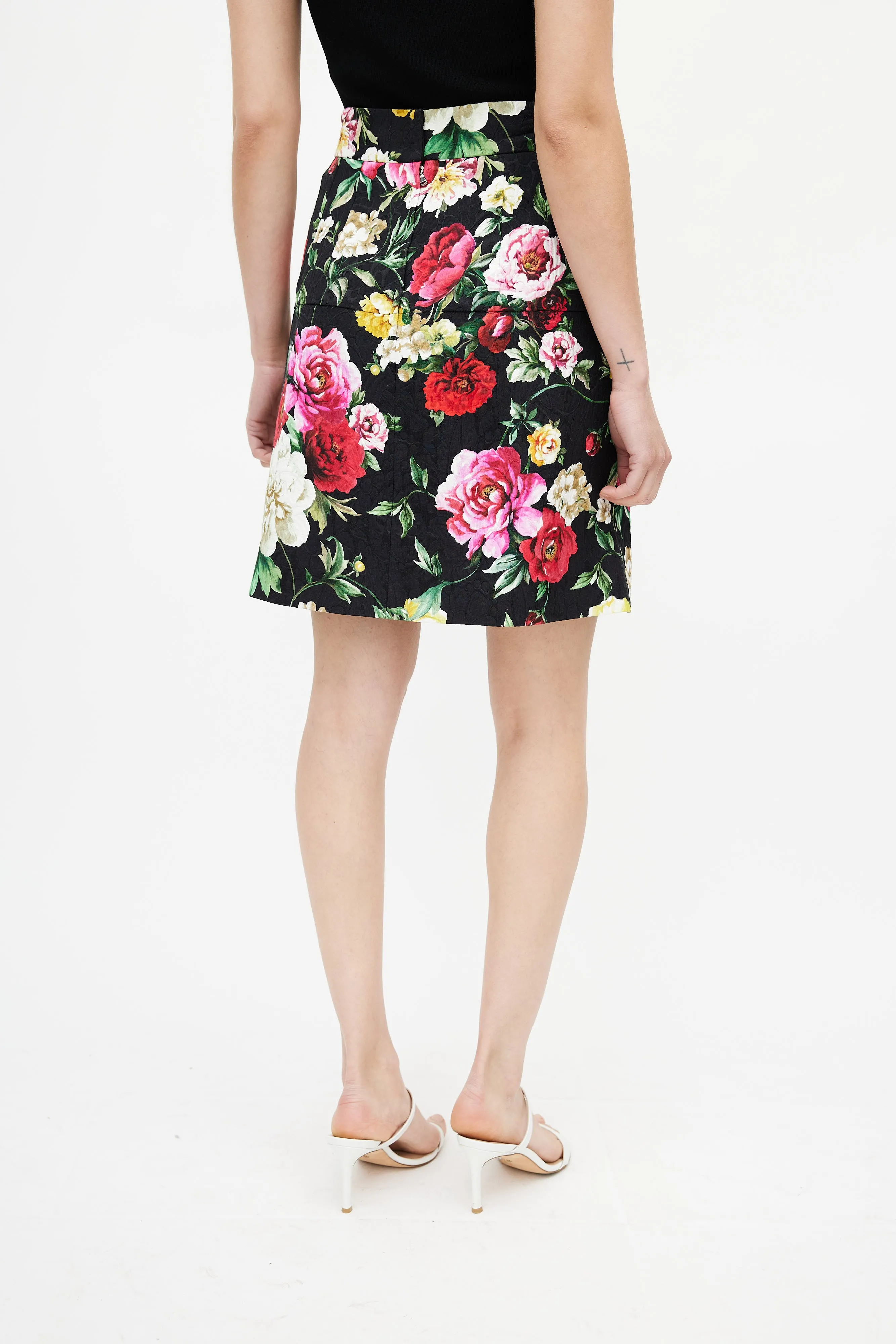 Black & Multi Floral Buttoned Skirt