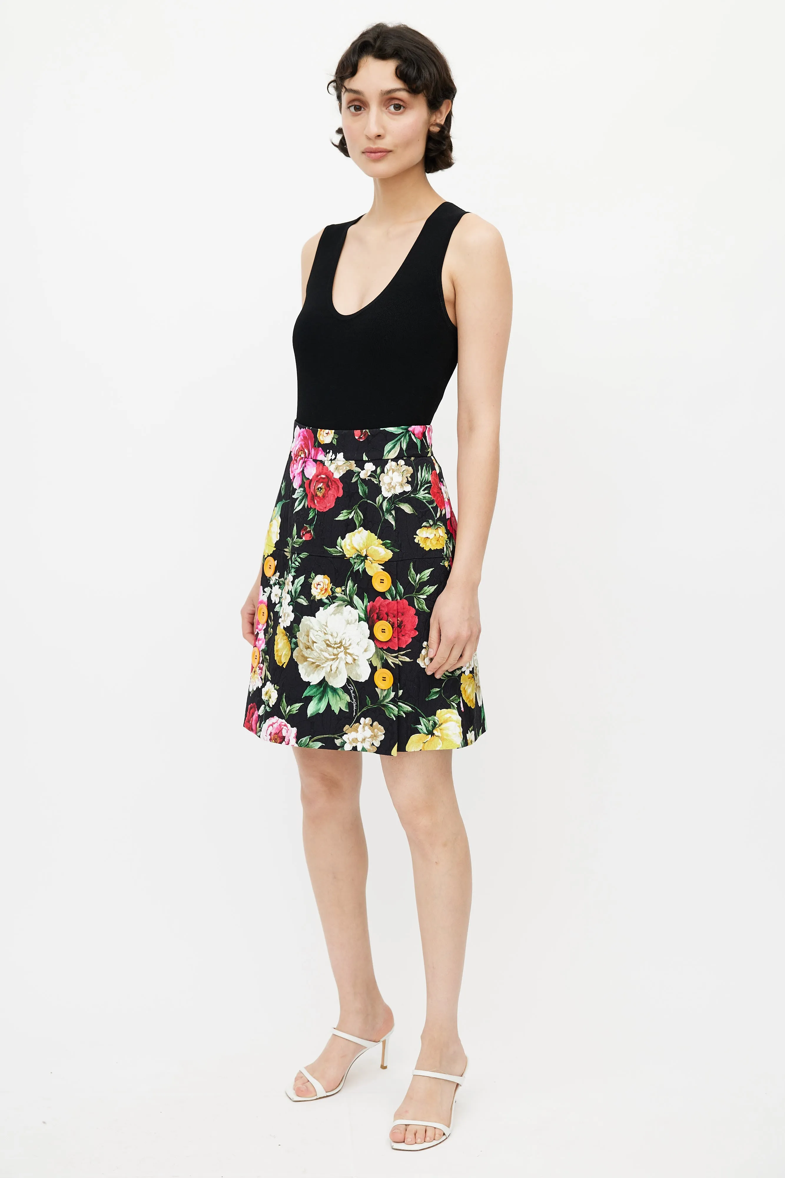 Black & Multi Floral Buttoned Skirt
