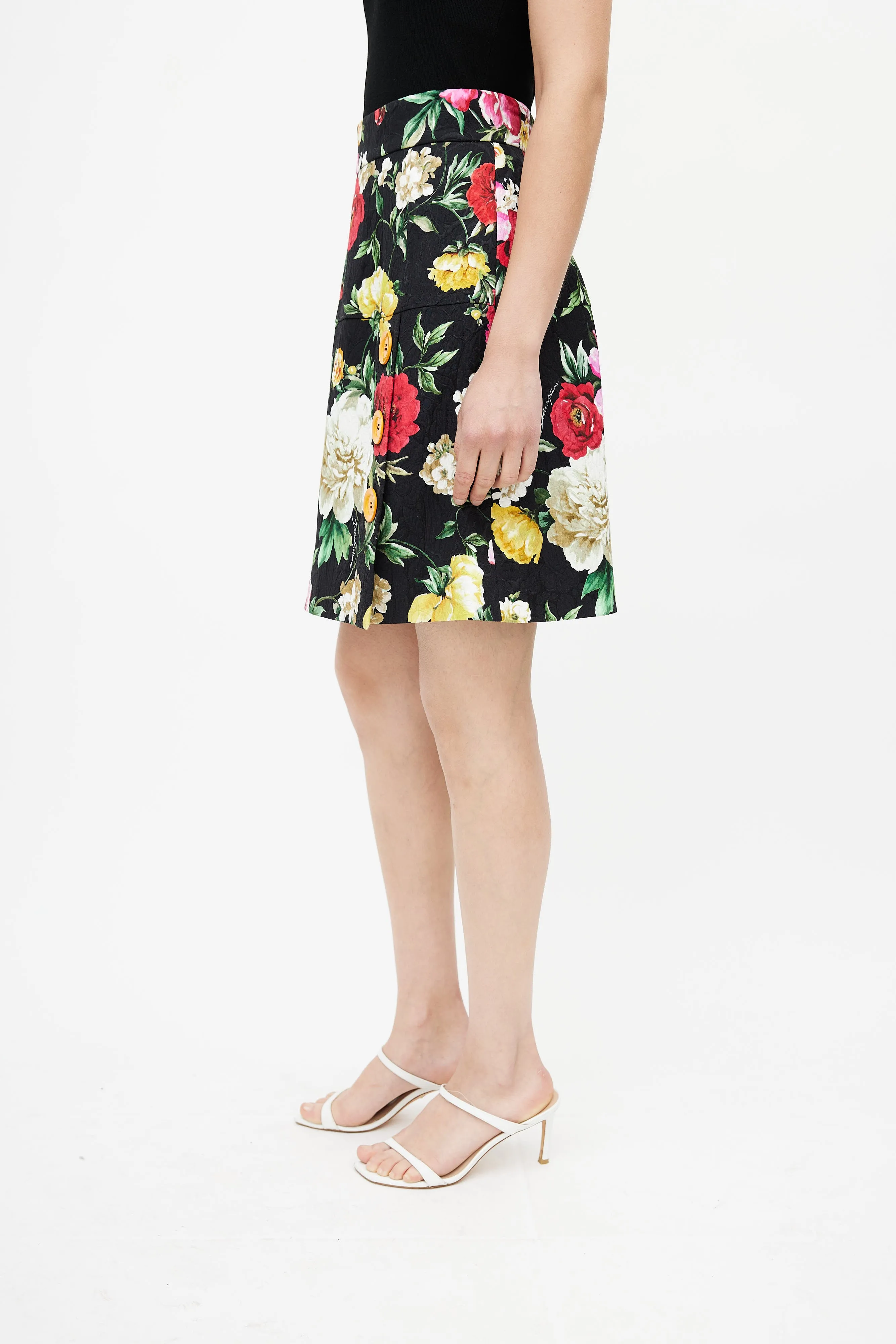 Black & Multi Floral Buttoned Skirt