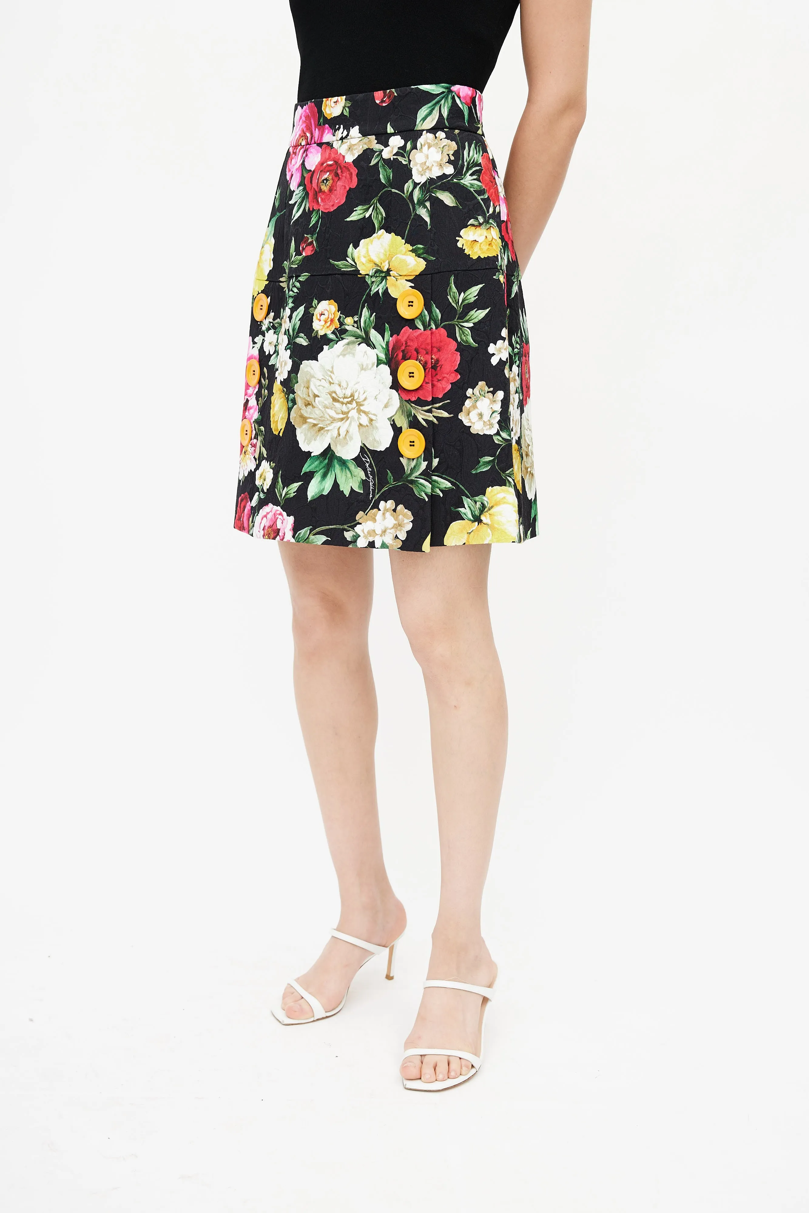 Black & Multi Floral Buttoned Skirt