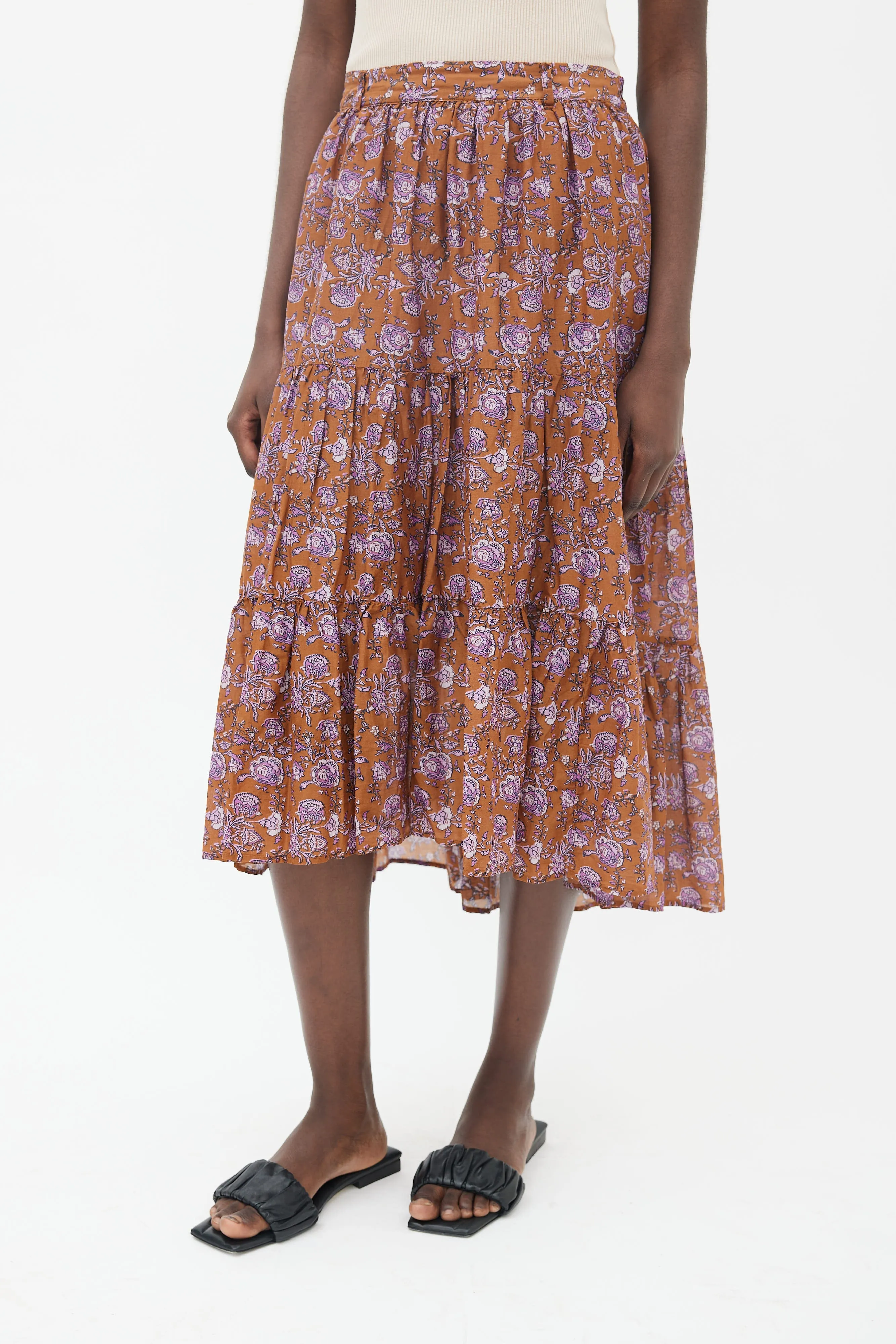 Brown & Purple Floral Print Tiered Skirt