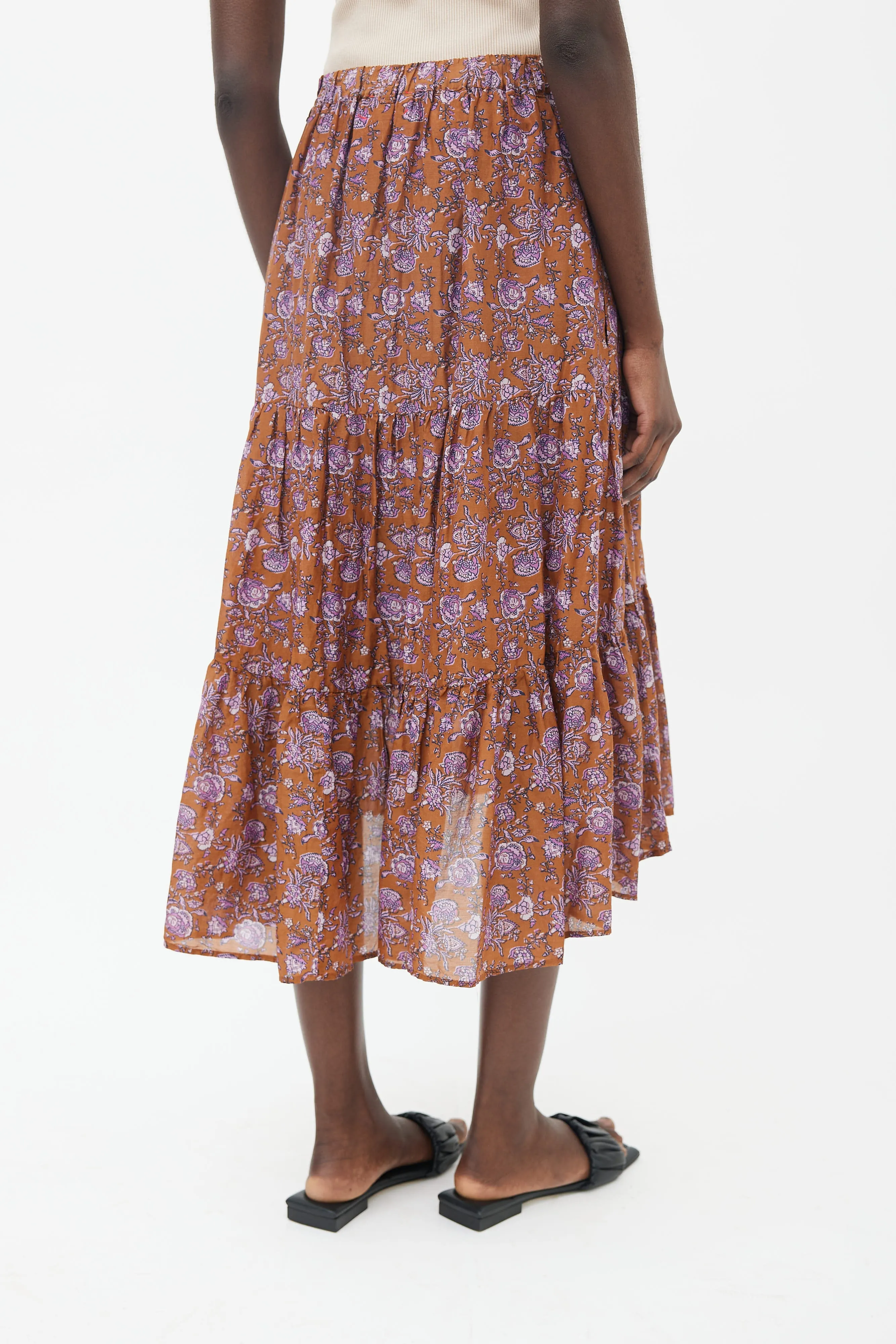 Brown & Purple Floral Print Tiered Skirt