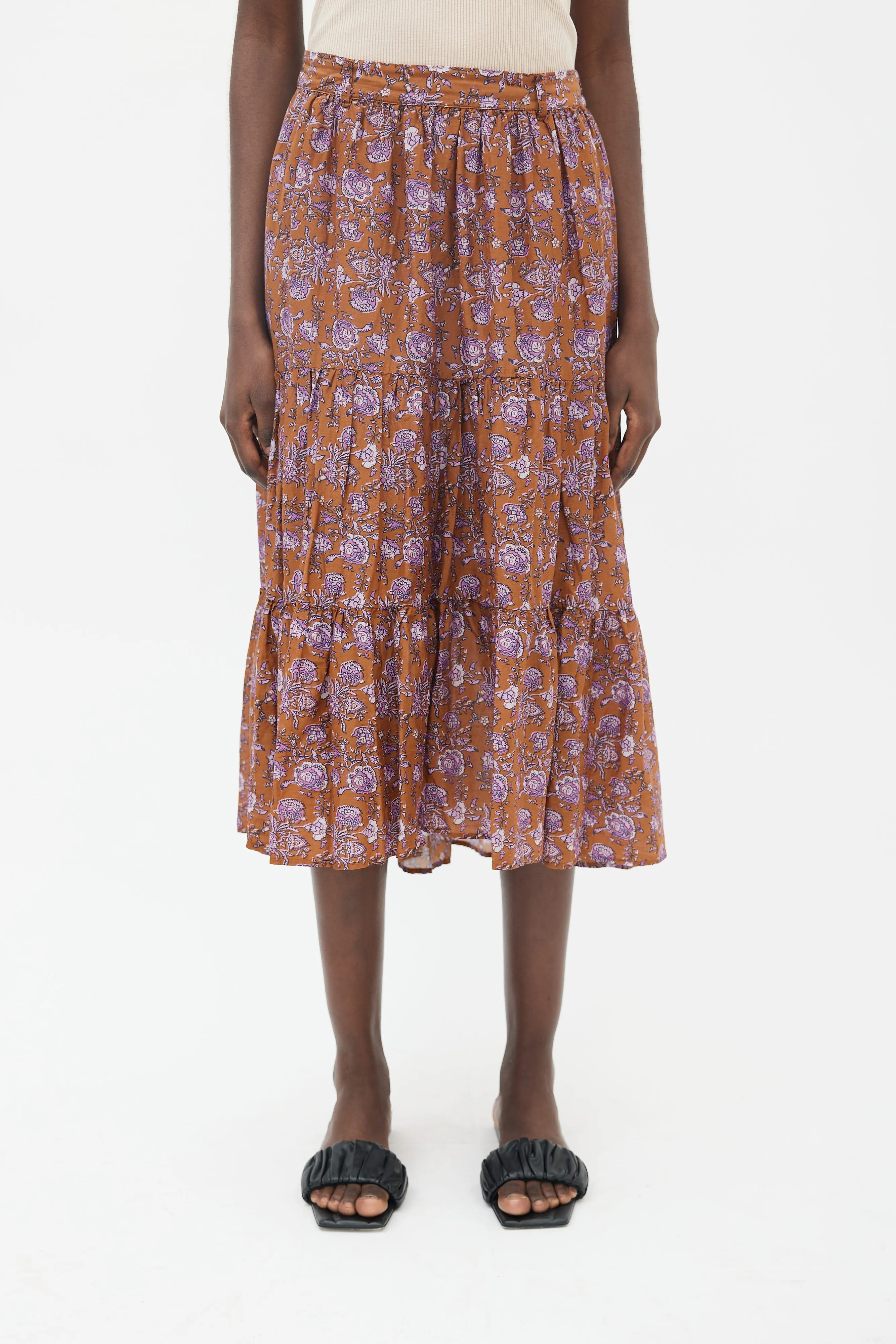Brown & Purple Floral Print Tiered Skirt
