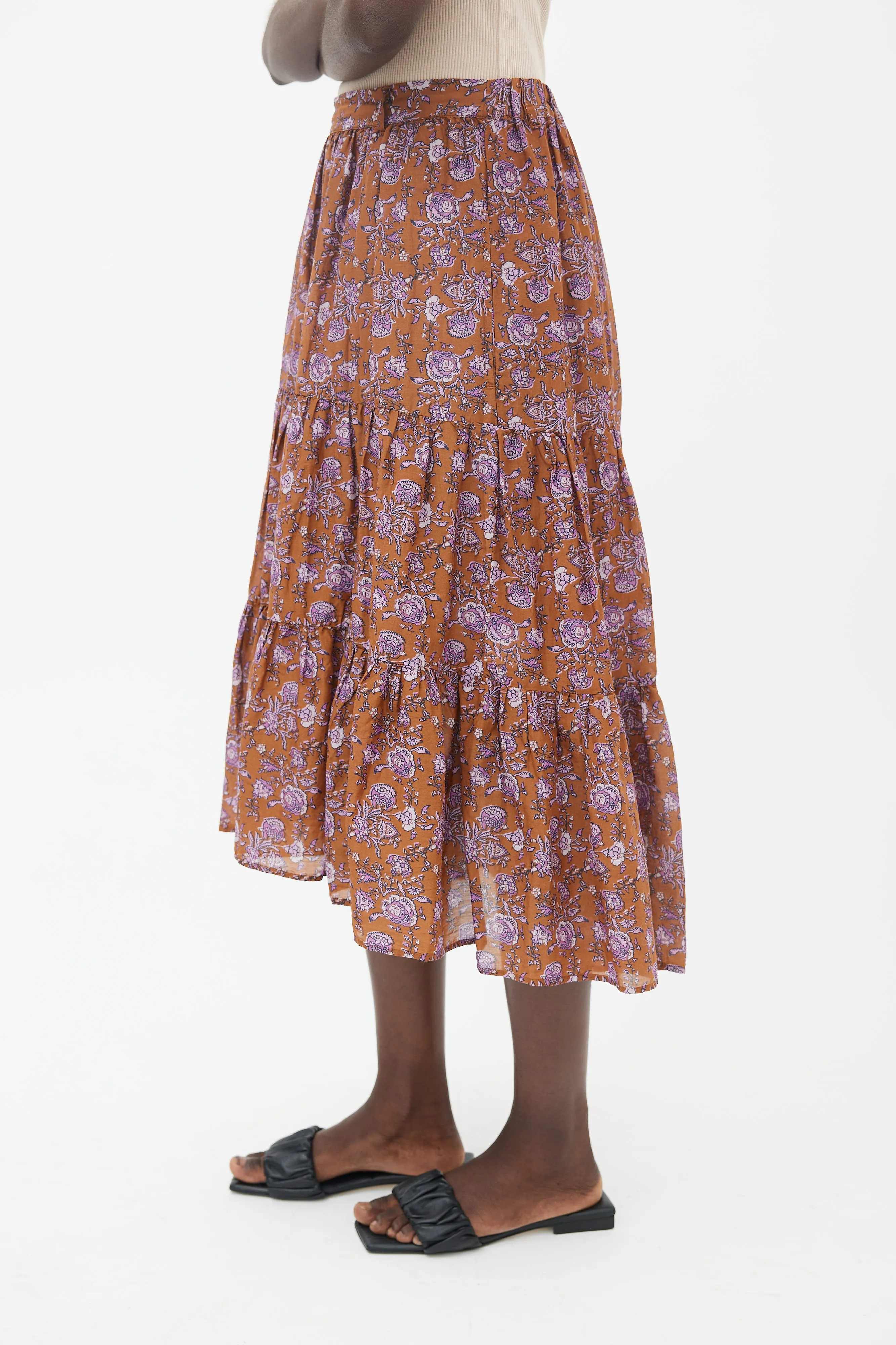 Brown & Purple Floral Print Tiered Skirt