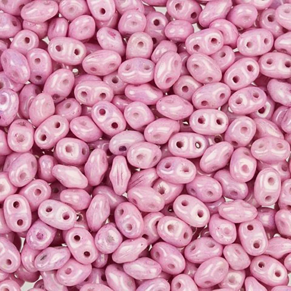 Czech Glass MiniDuo, 2-Hole Beads 2x4mm, Opaque Soft Pink Luster   (2.5 Inch Tube)