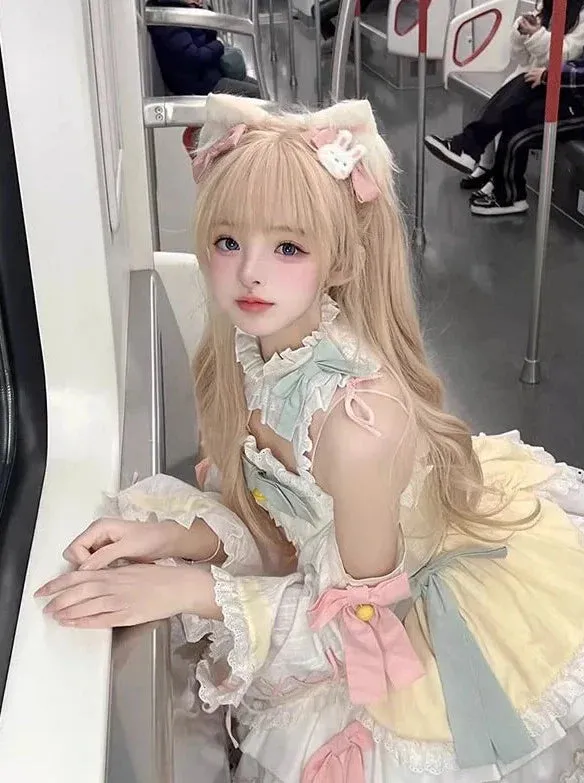 Girly Lolita Sleeves Dress Sweet Pastel-colored