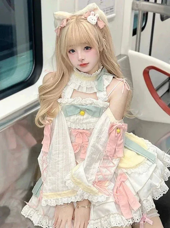 Girly Lolita Sleeves Dress Sweet Pastel-colored