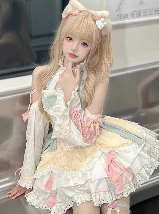 Girly Lolita Sleeves Dress Sweet Pastel-colored