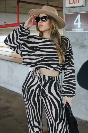 'Hazel' Striped Sweater Set in Beige and Black Zebra Print