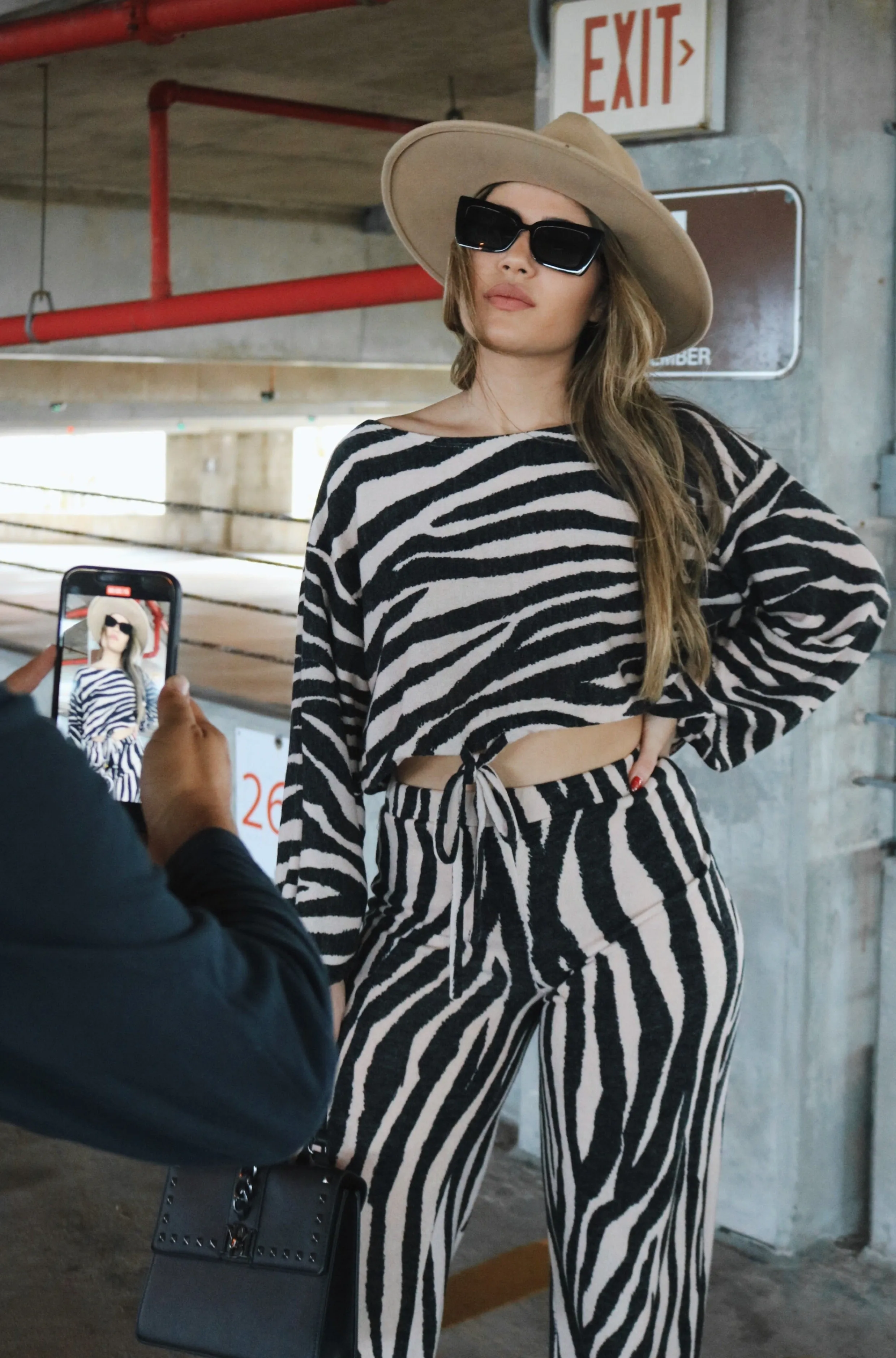'Hazel' Striped Sweater Set in Beige and Black Zebra Print