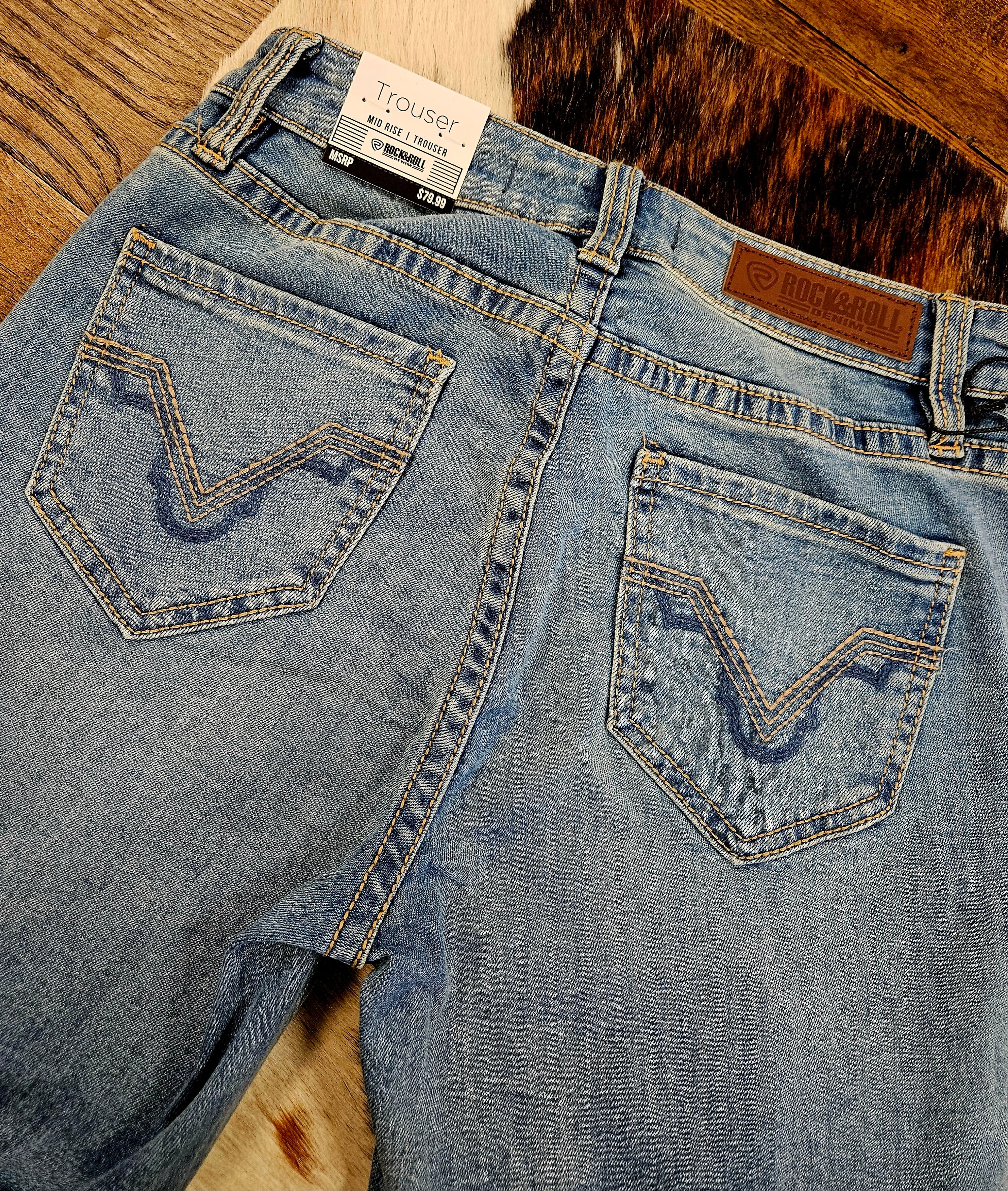 Rock & Roll Womens Small V Emb Mid Rise Trouser Light Wash