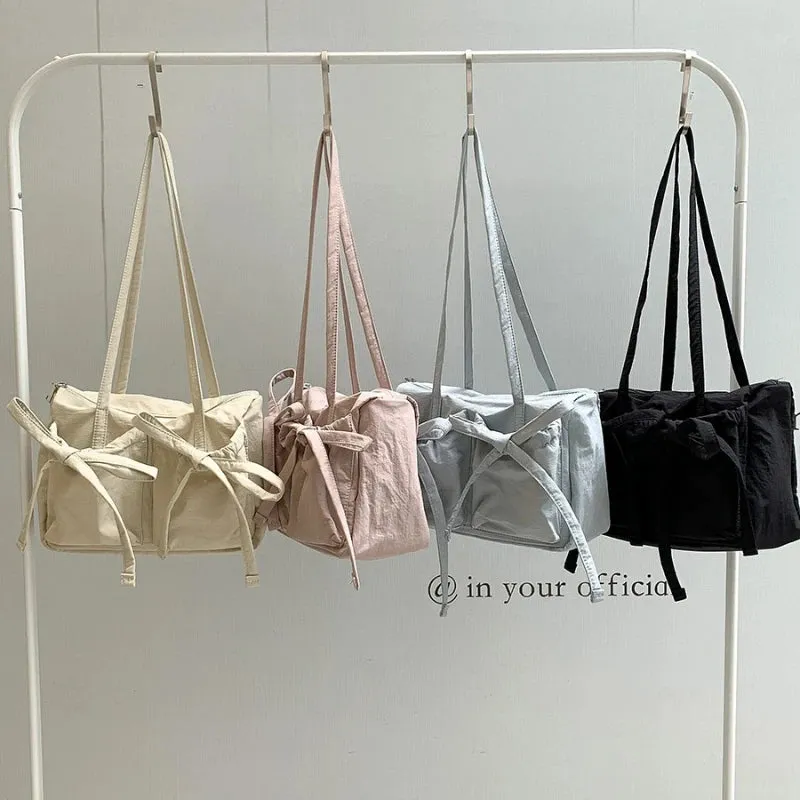 Uakiss Lightweight Casual Nylon Shoulder Bag Unique Fresh Gentle Bow Design Travel Bag Solid Color Soft Large Capacity Women's Tote Bag
