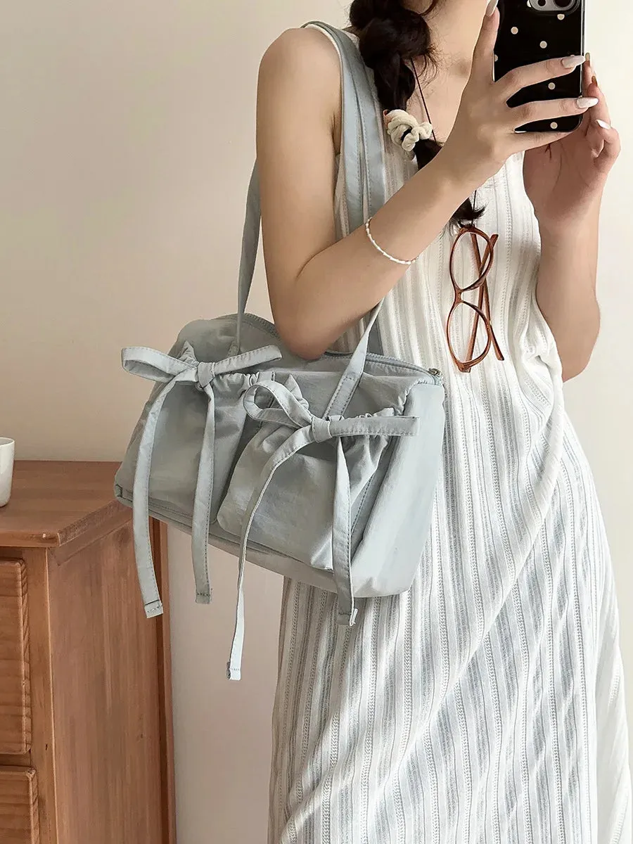 Uakiss Lightweight Casual Nylon Shoulder Bag Unique Fresh Gentle Bow Design Travel Bag Solid Color Soft Large Capacity Women's Tote Bag