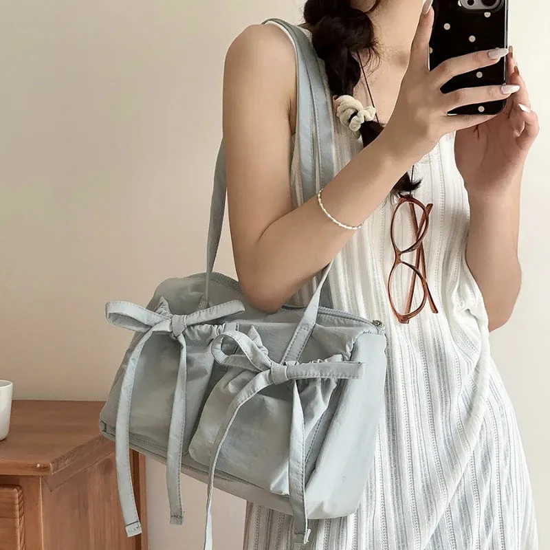 Uakiss Lightweight Casual Nylon Shoulder Bag Unique Fresh Gentle Bow Design Travel Bag Solid Color Soft Large Capacity Women's Tote Bag