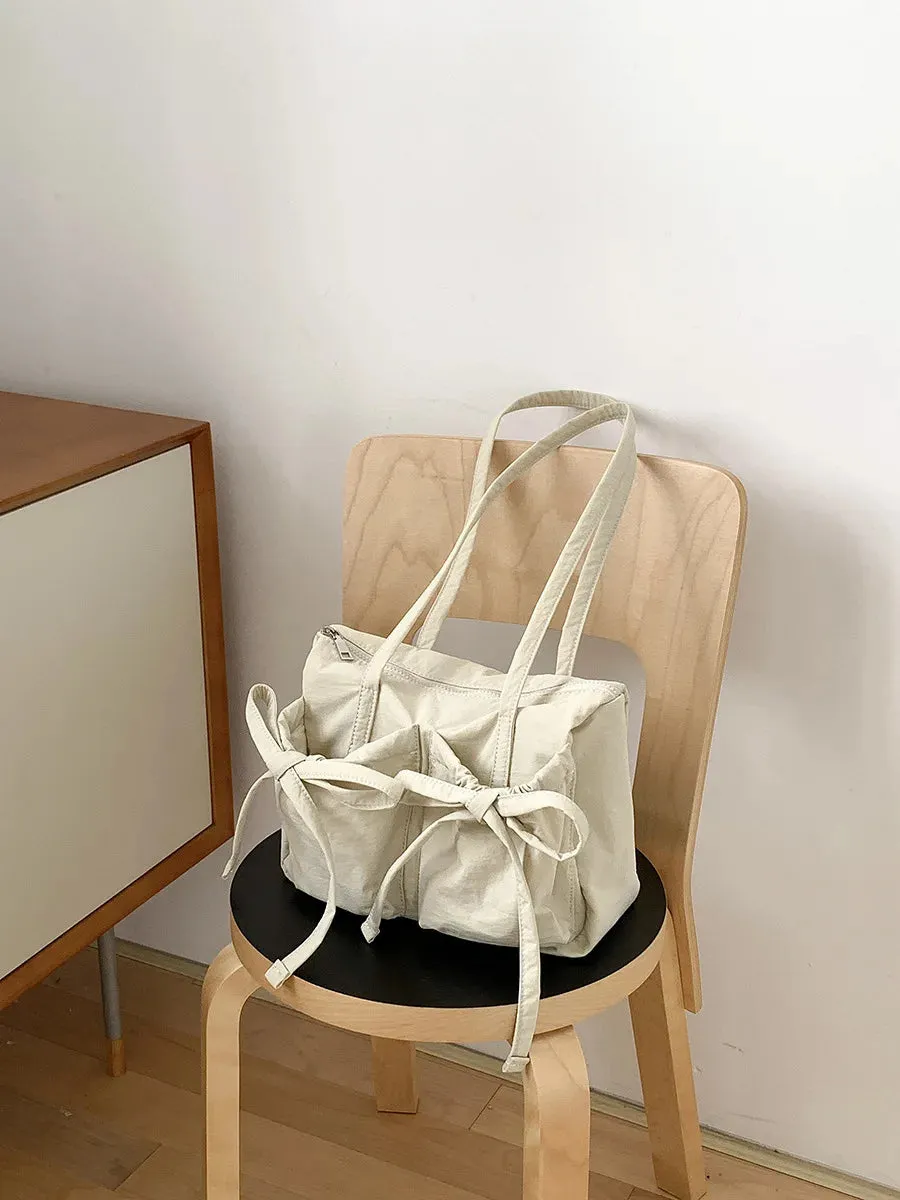Uakiss Lightweight Casual Nylon Shoulder Bag Unique Fresh Gentle Bow Design Travel Bag Solid Color Soft Large Capacity Women's Tote Bag