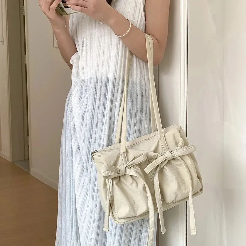 Uakiss Lightweight Casual Nylon Shoulder Bag Unique Fresh Gentle Bow Design Travel Bag Solid Color Soft Large Capacity Women's Tote Bag