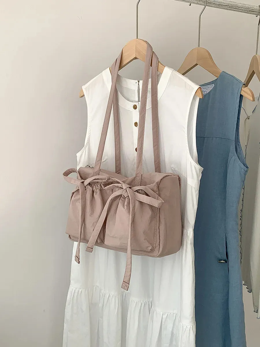 Uakiss Lightweight Casual Nylon Shoulder Bag Unique Fresh Gentle Bow Design Travel Bag Solid Color Soft Large Capacity Women's Tote Bag